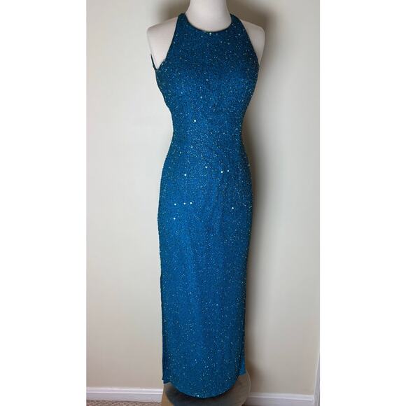 Vintage 90s SCALA XS Silk Beaded Bodycon Maxi Prom Dress Maximalist High Neck - Picture 1 of 15